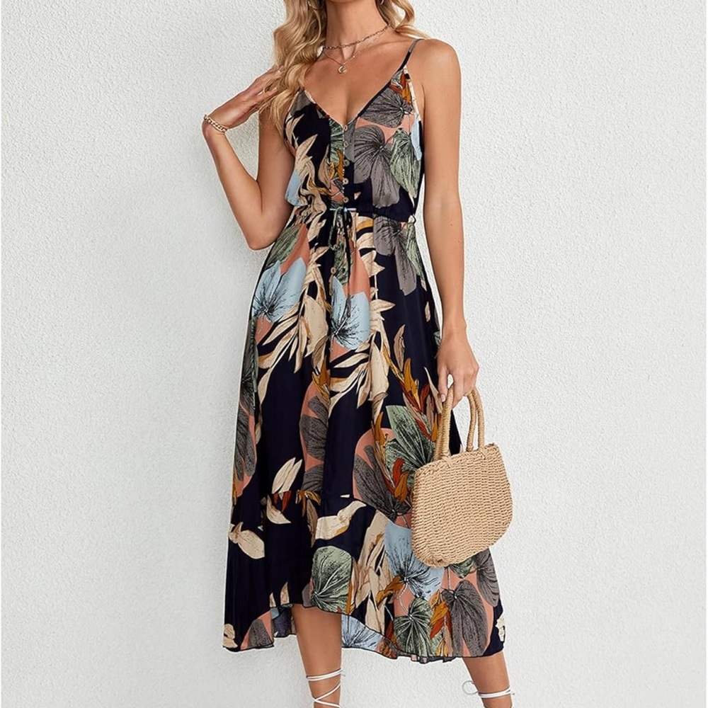 XL Summer Casual Boho Sundress Spaghetti Strap V Neck Flowy Midi Dresses